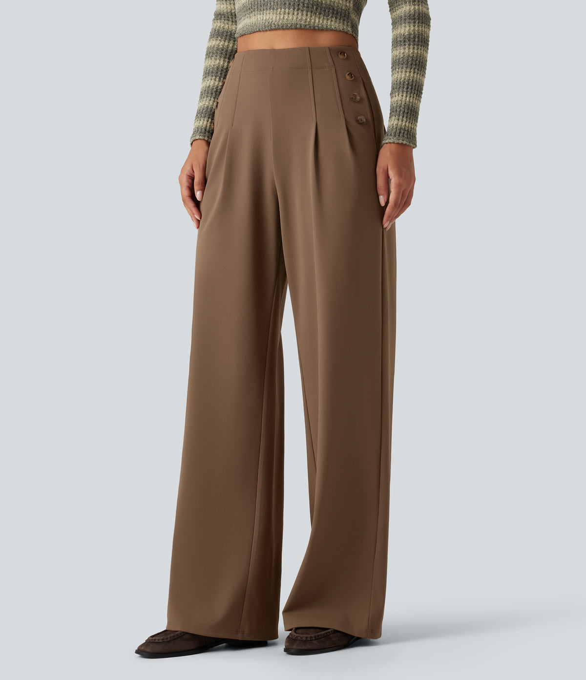 High Waisted Wide Leg Casual Trousers with Pockets — Sepia — view 3