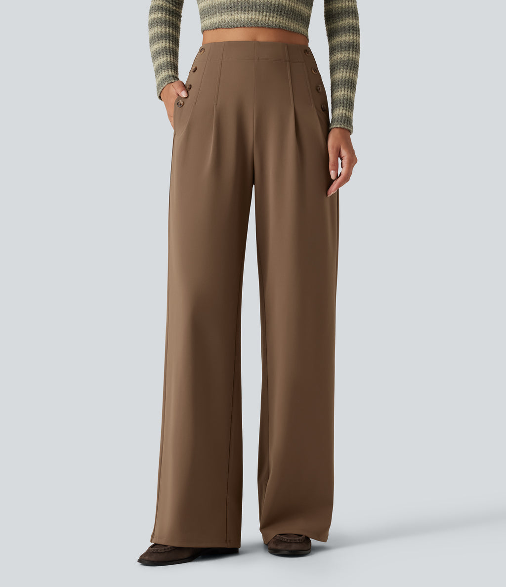 High Waisted Wide Leg Casual Trousers with Pockets — Sepia — view 1