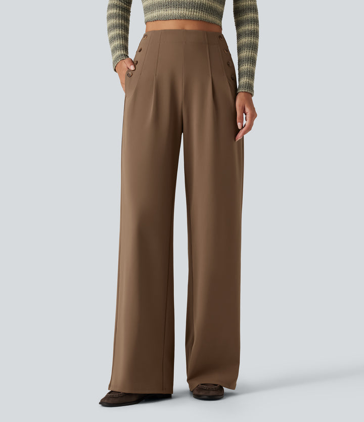 High Waisted Wide Leg Casual Trousers with Pockets — Sepia — view 1