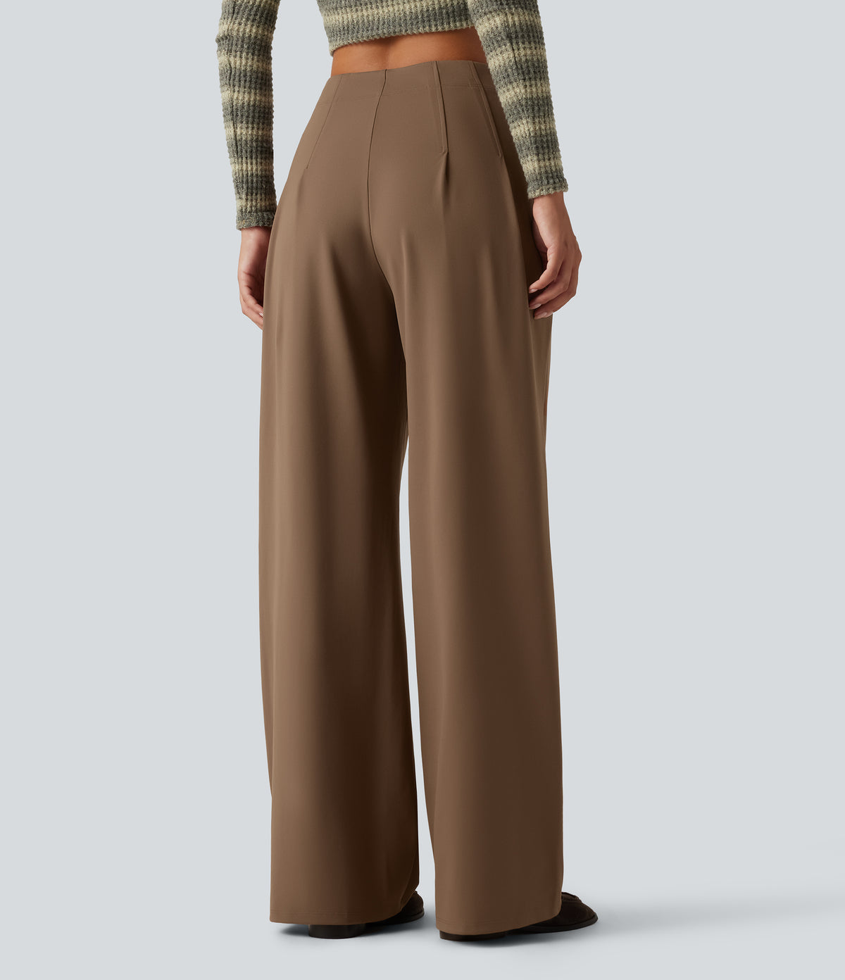 High Waisted Wide Leg Casual Trousers with Pockets — Sepia — view 2
