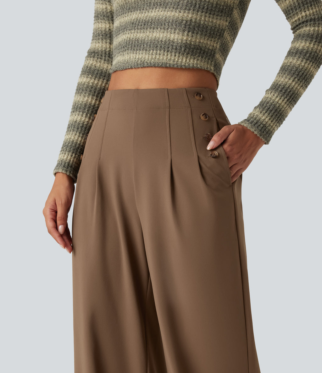 High Waisted Wide Leg Casual Trousers with Pockets — Sepia — view 4