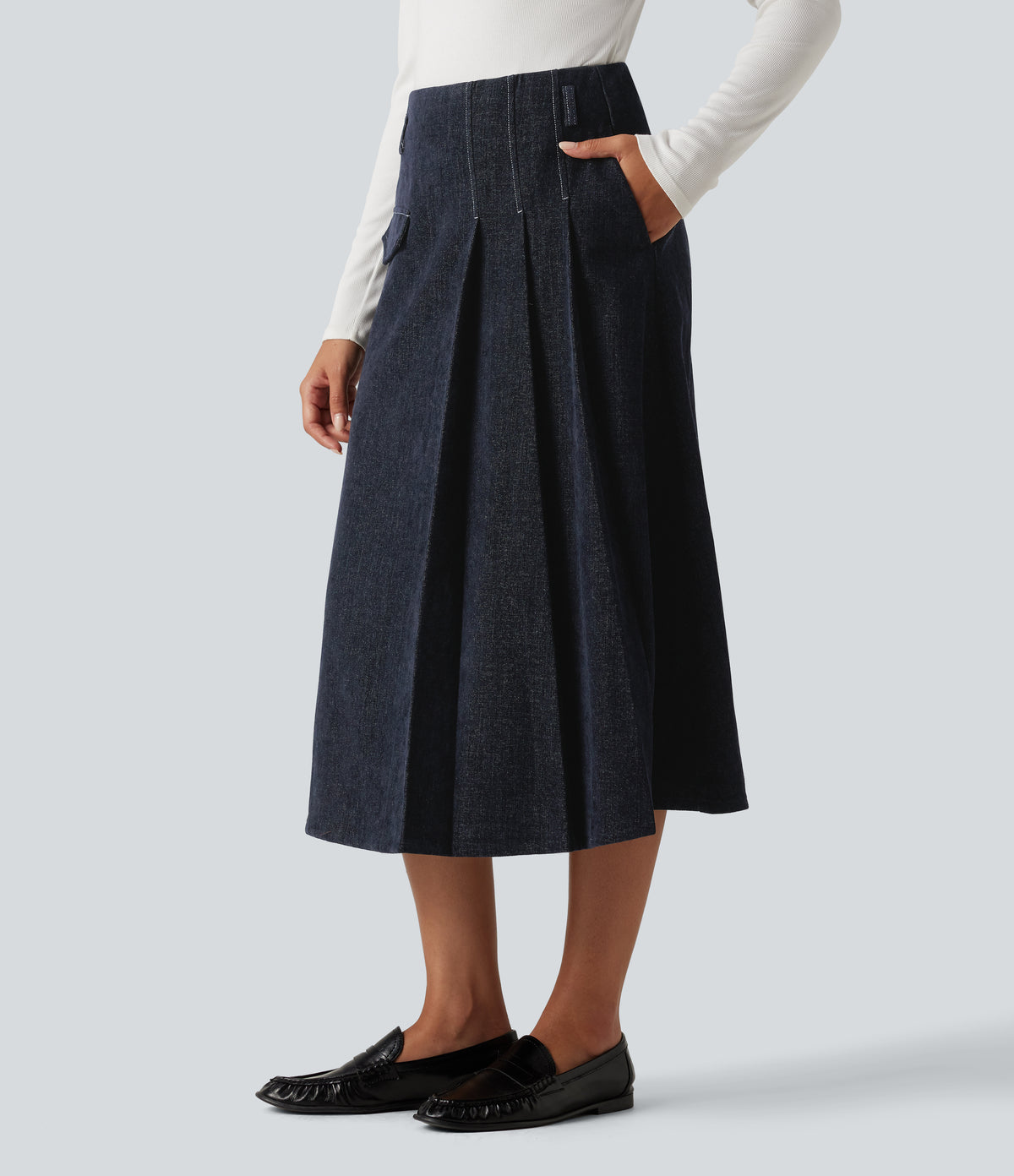 High Waisted A Line Midi Work Skirt with Pockets — Seaborne — view 3