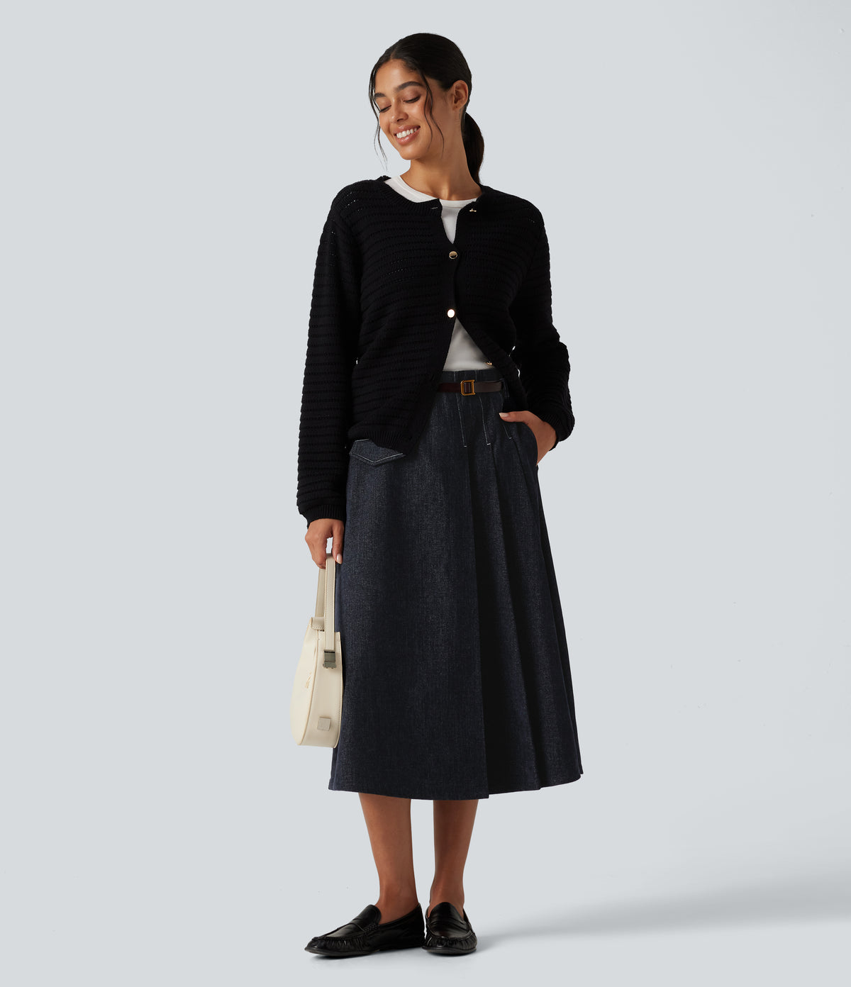 High Waisted A Line Midi Work Skirt with Pockets — Seaborne — view 7
