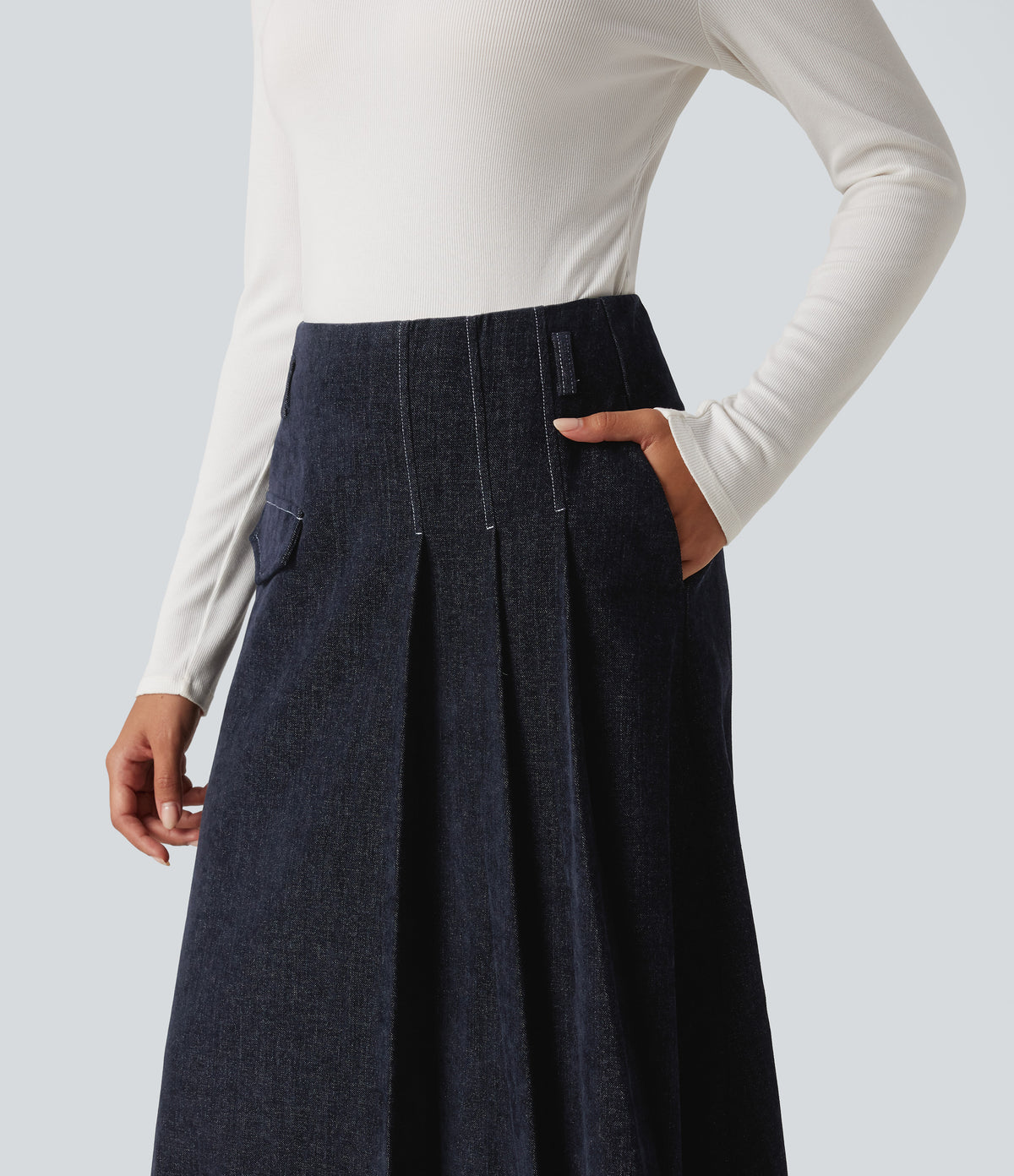 High Waisted A Line Midi Work Skirt with Pockets — Seaborne — view 6