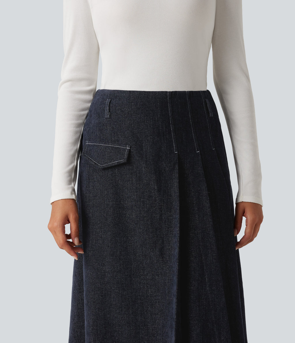 High Waisted A Line Midi Work Skirt with Pockets — Seaborne — view 4
