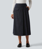 High Waisted A Line Midi Work Skirt with Pockets — Seaborne — view 1