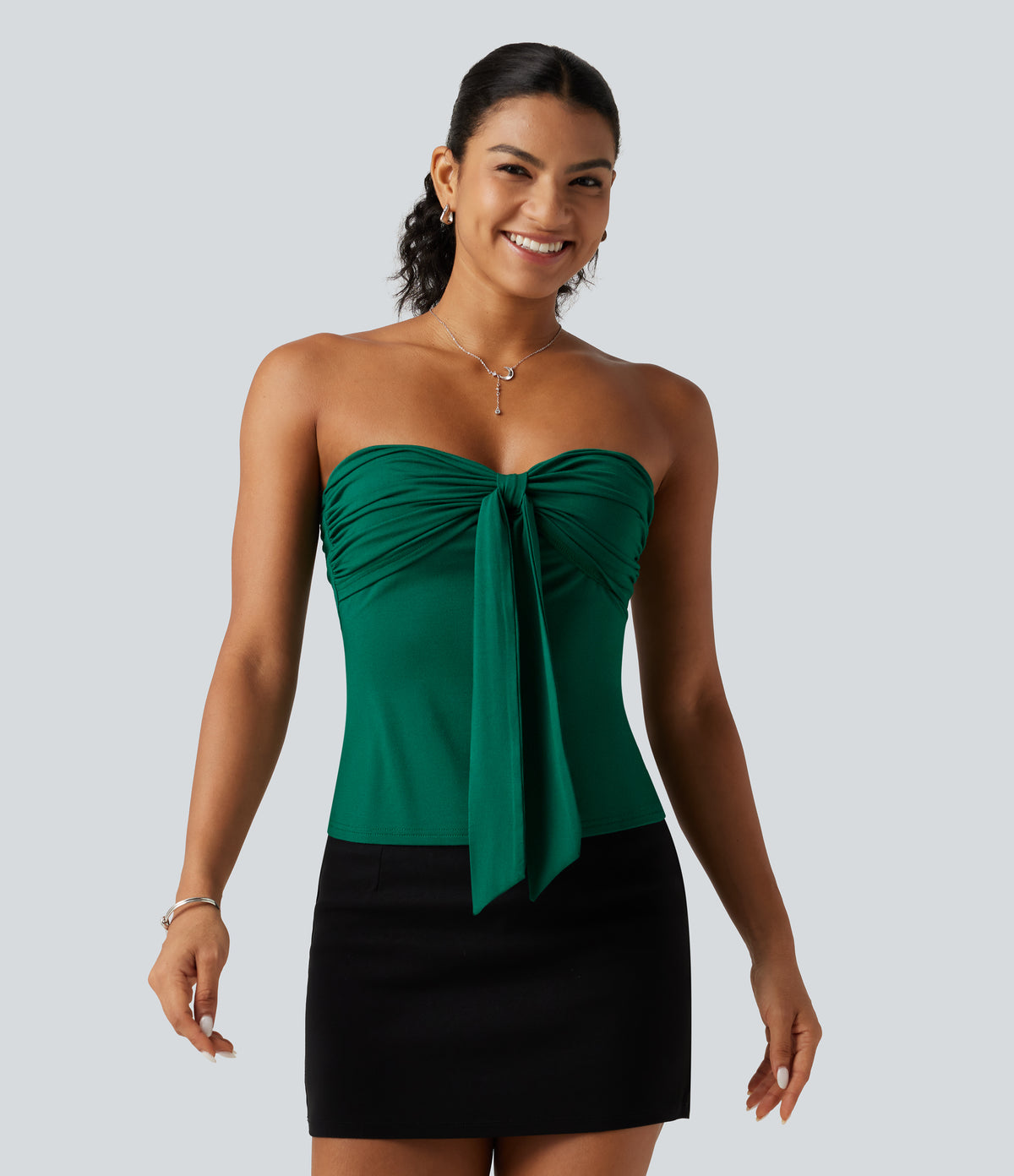 Tube Tie Front Built-in Bra Casual Top — Rain Forest — view 4