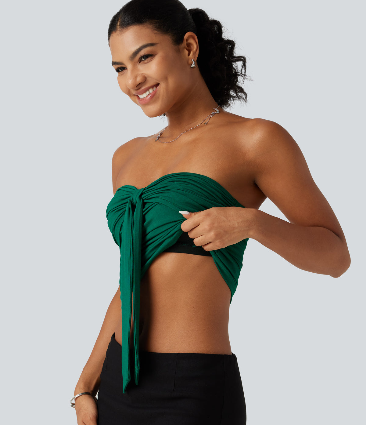 Tube Tie Front Built-in Bra Casual Top — Rain Forest — view 6