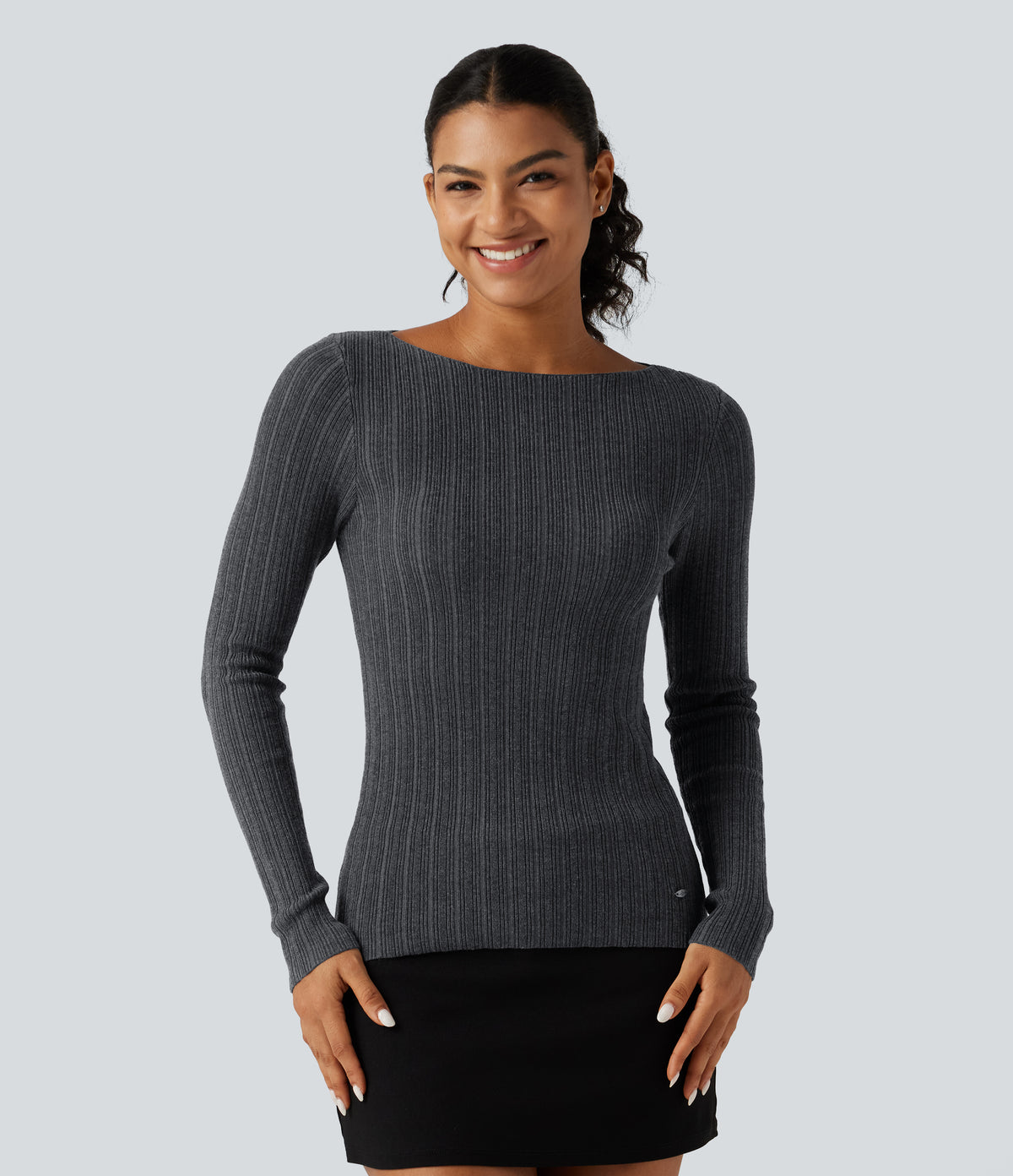 Boat Neck Long Sleeve Casual Jumper — Dark Grey — view 4