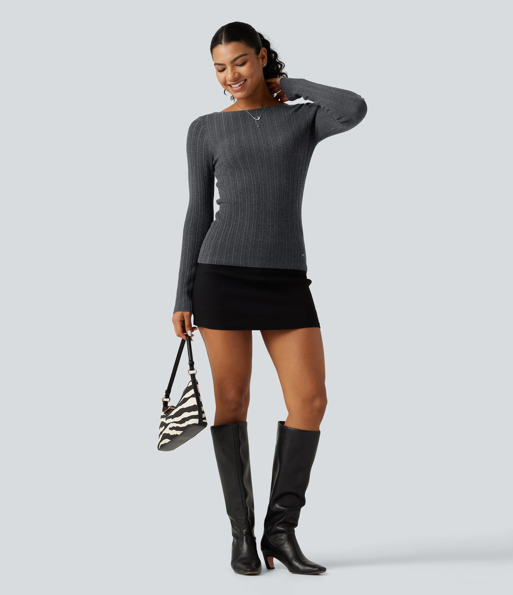 Boat Neck Long Sleeve Casual Jumper — Dark Grey — view 6