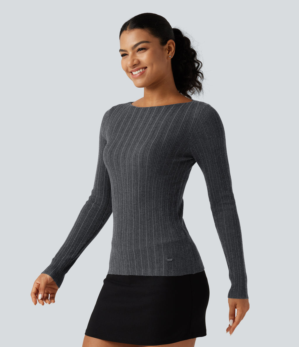 Boat Neck Long Sleeve Casual Jumper — Dark Grey — view 3