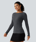 Boat Neck Long Sleeve Casual Jumper — Dark Grey — view 3