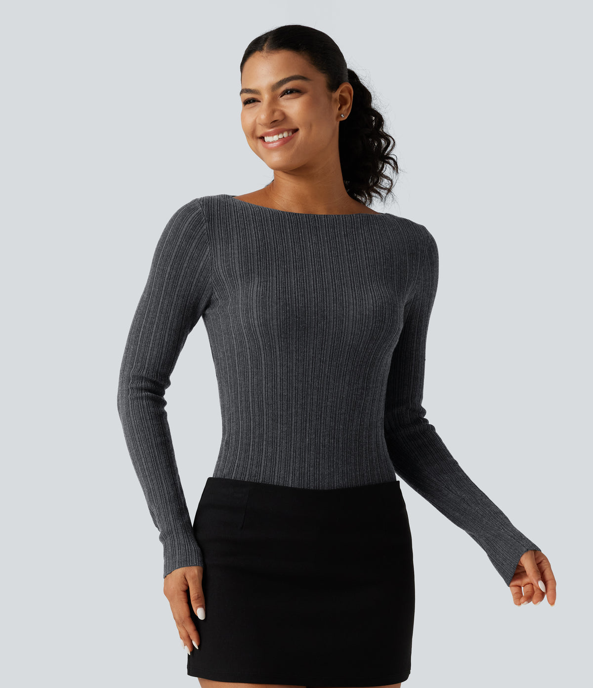 Boat Neck Long Sleeve Casual Jumper — Dark Grey — view 5