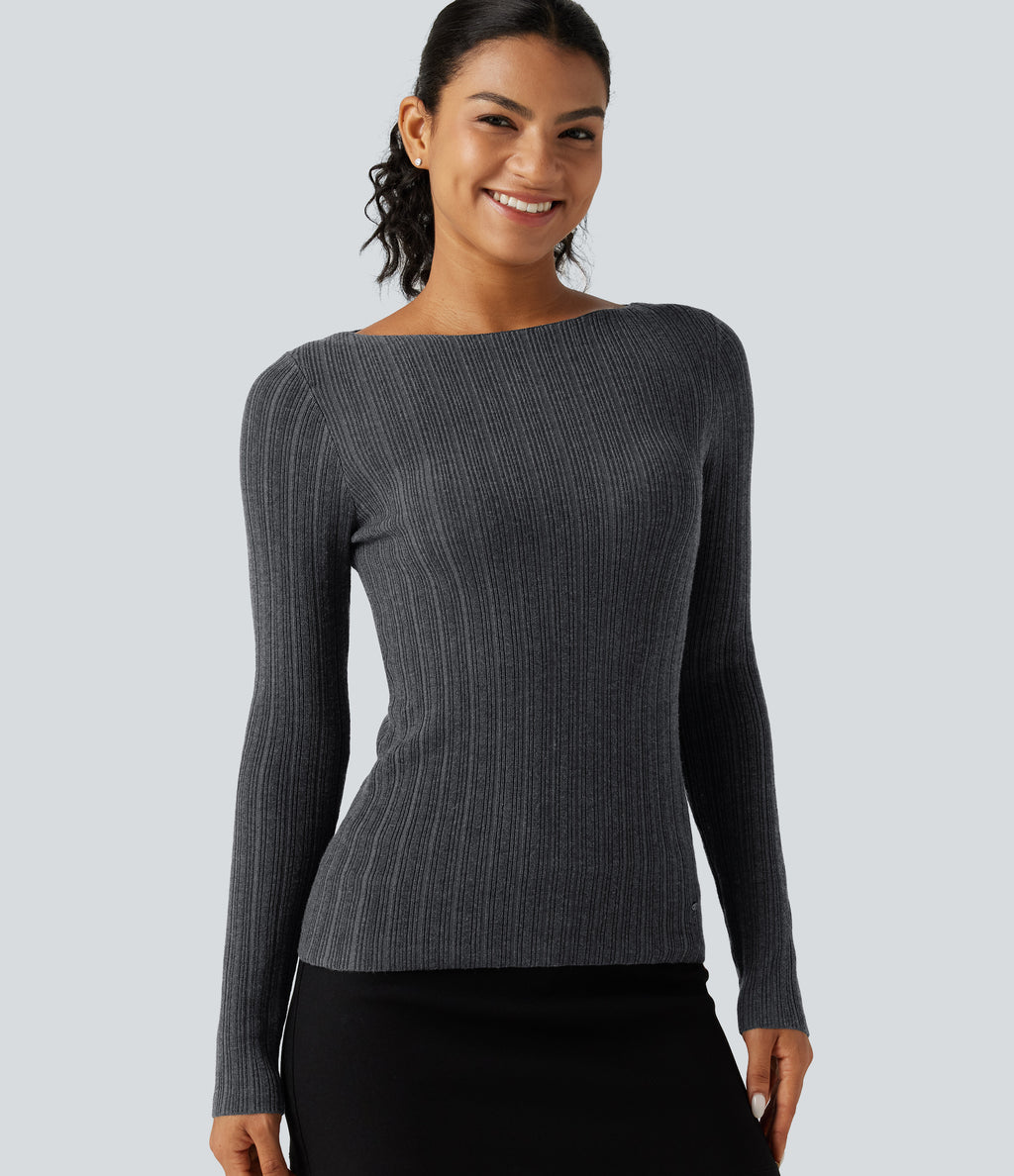 Boat Neck Long Sleeve Casual Jumper — Dark Grey — view 1