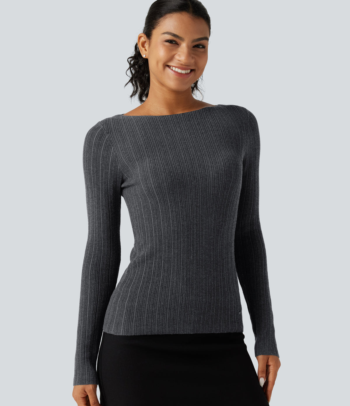 Boat Neck Long Sleeve Casual Jumper — Dark Grey — view 1