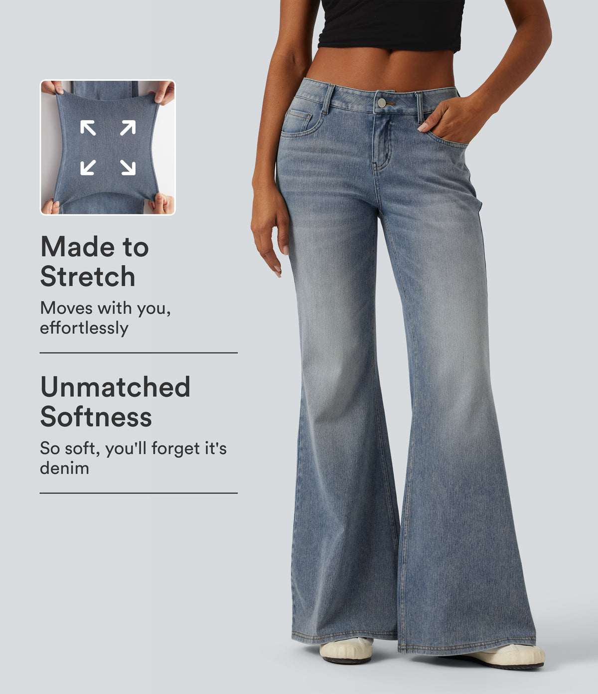 Low Rise Flare Casual Jeans with Pockets — Sunset Blue Denim — view 1