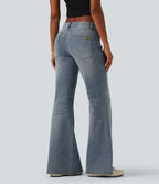 Low Rise Flare Casual Jeans with Pockets — Sunset Blue Denim — view 3