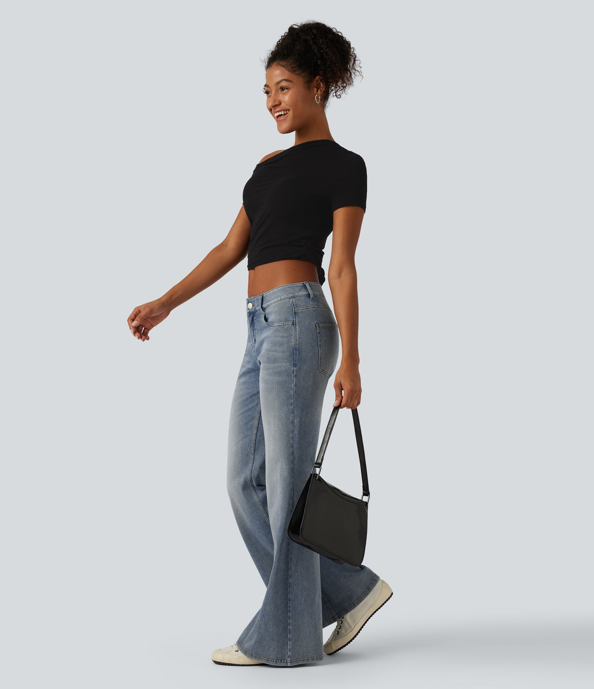 Low Rise Flare Casual Jeans with Pockets — Sunset Blue Denim — view 4