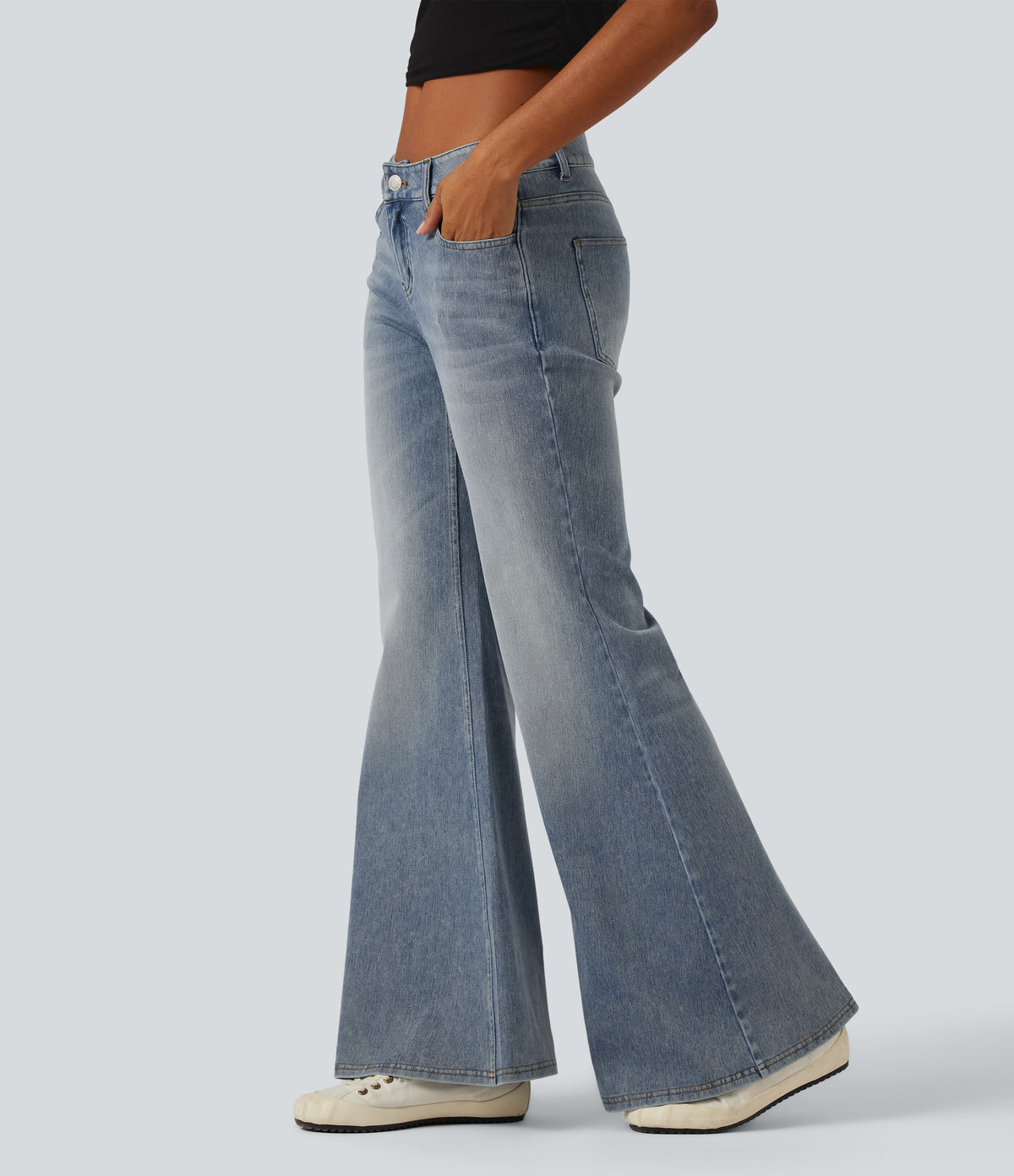 Low Rise Flare Casual Jeans with Pockets — Sunset Blue Denim — view 2