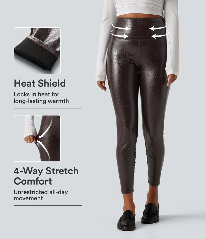 High Waisted Tummy Control Snakeskin Print Stretchy PU Fleece Skinny Casual Leggings with Pockets — Cooked Fudge — view 1