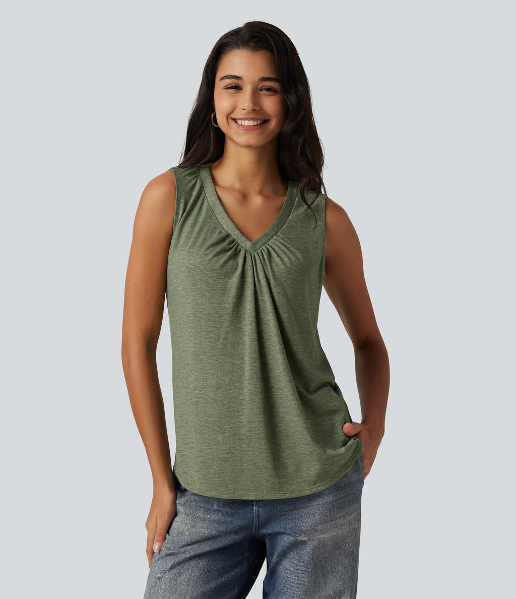 V Neck Heathered Ruched Casual Tank Top — Light Green Floral Yarn — view 4