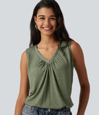 V Neck Heathered Ruched Casual Tank Top — Light Green Floral Yarn — view 1