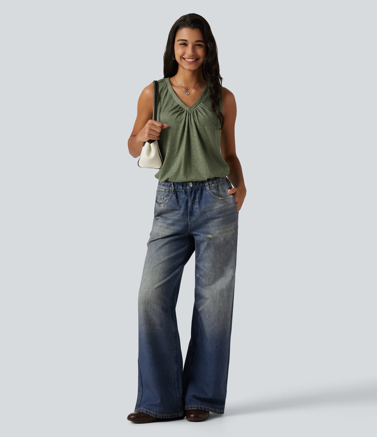 V Neck Heathered Ruched Casual Tank Top — Light Green Floral Yarn — view 6