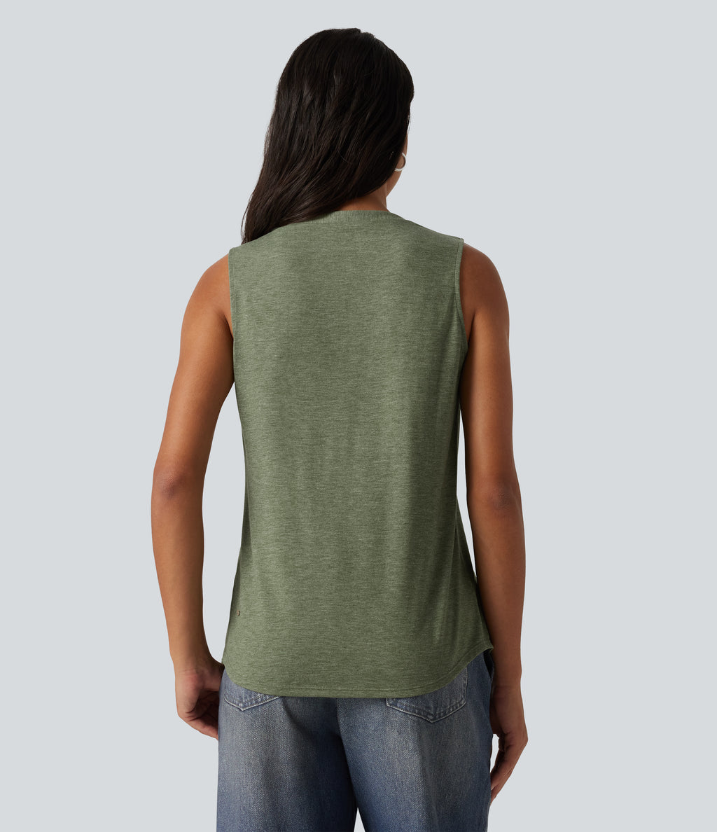 V Neck Heathered Ruched Casual Tank Top — Light Green Floral Yarn — view 2