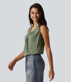 V Neck Heathered Ruched Casual Tank Top — Light Green Floral Yarn — view 3
