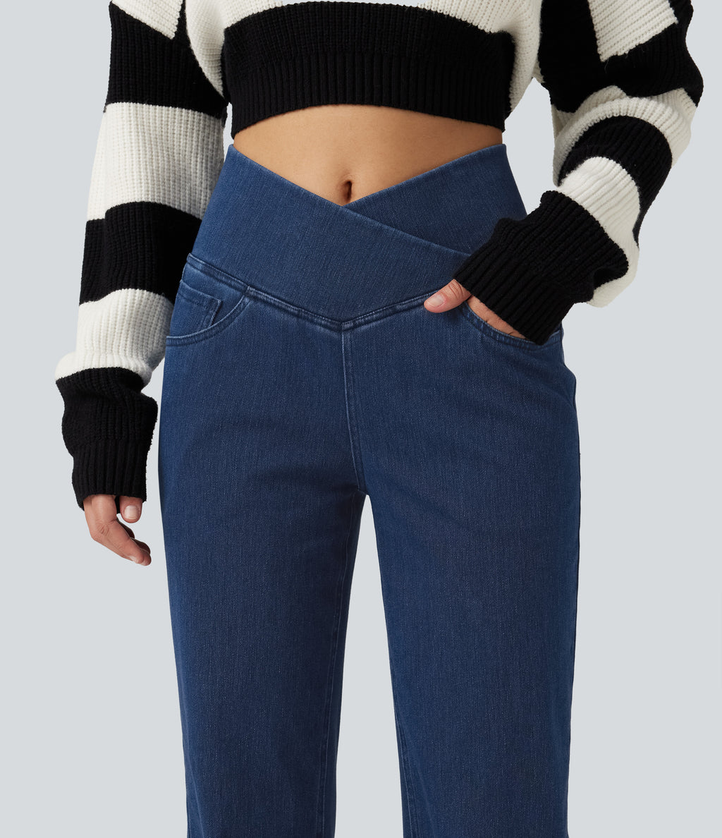 High Waisted Tummy Control Straight Leg Casual Jeans with Pockets — Pageant Blue Denim — view 5
