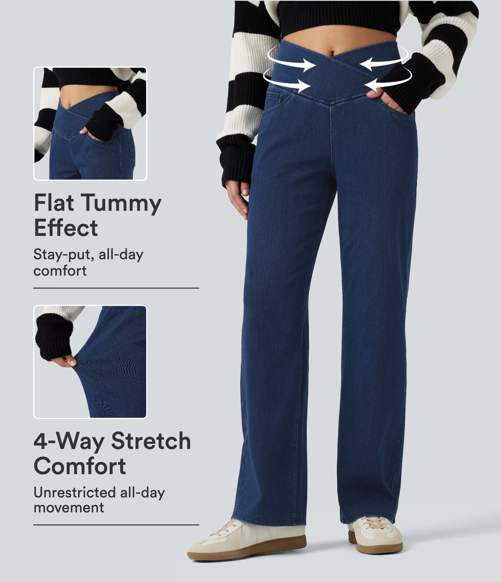 High Waisted Tummy Control Straight Leg Casual Jeans with Pockets — Pageant Blue Denim — view 1