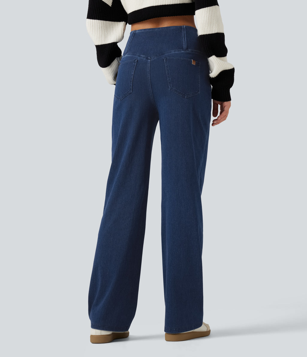 High Waisted Tummy Control Straight Leg Casual Jeans with Pockets — Pageant Blue Denim — view 2