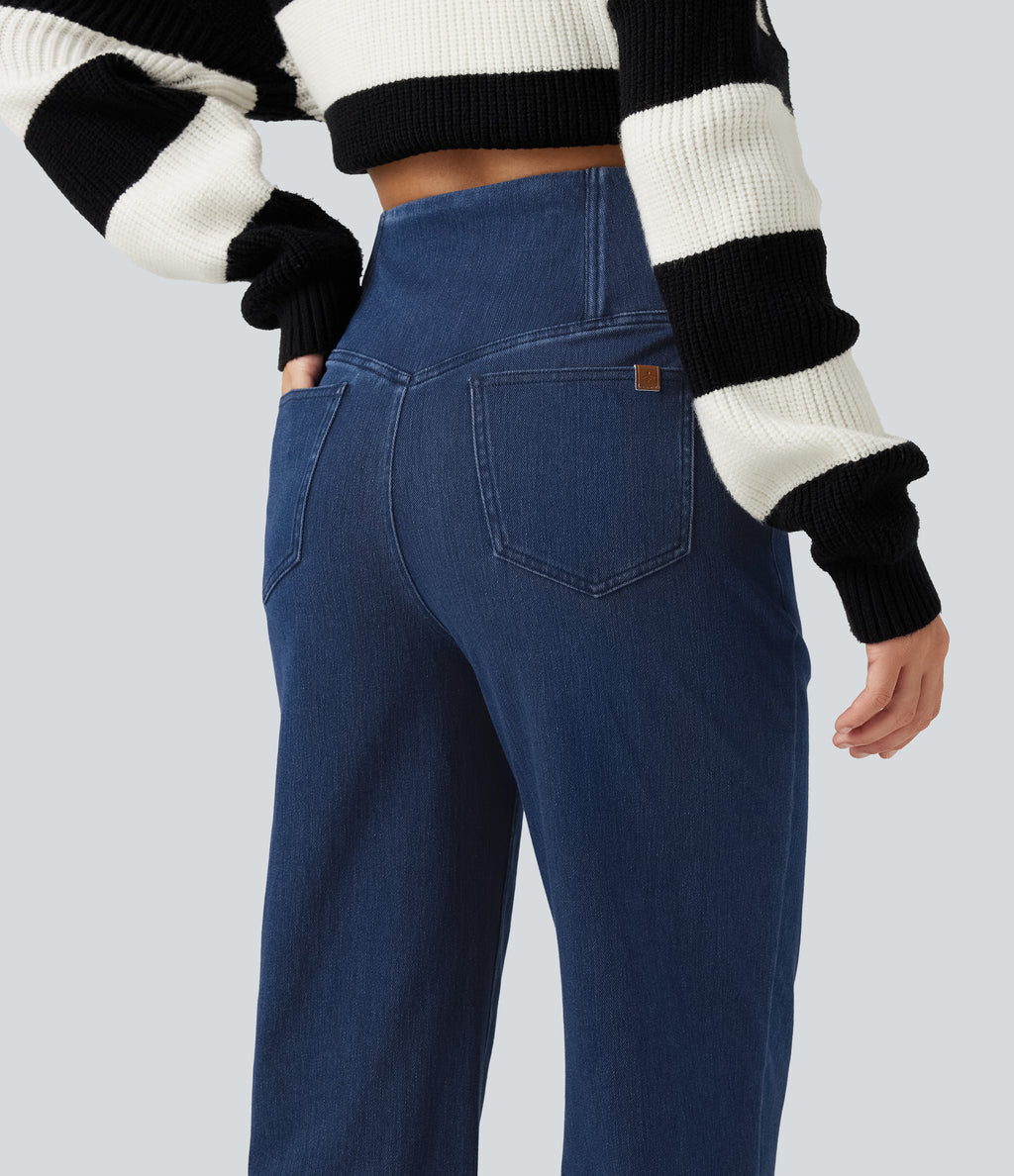 High Waisted Tummy Control Straight Leg Casual Jeans with Pockets — Pageant Blue Denim — view 7