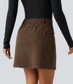 High Waisted 2-in-1 A-Line Corduroy Mini Casual Skirt — Dark Earth — view 2