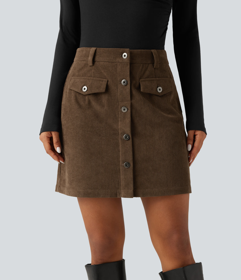 High Waisted 2-in-1 A-Line Corduroy Mini Casual Skirt — Dark Earth — view 5