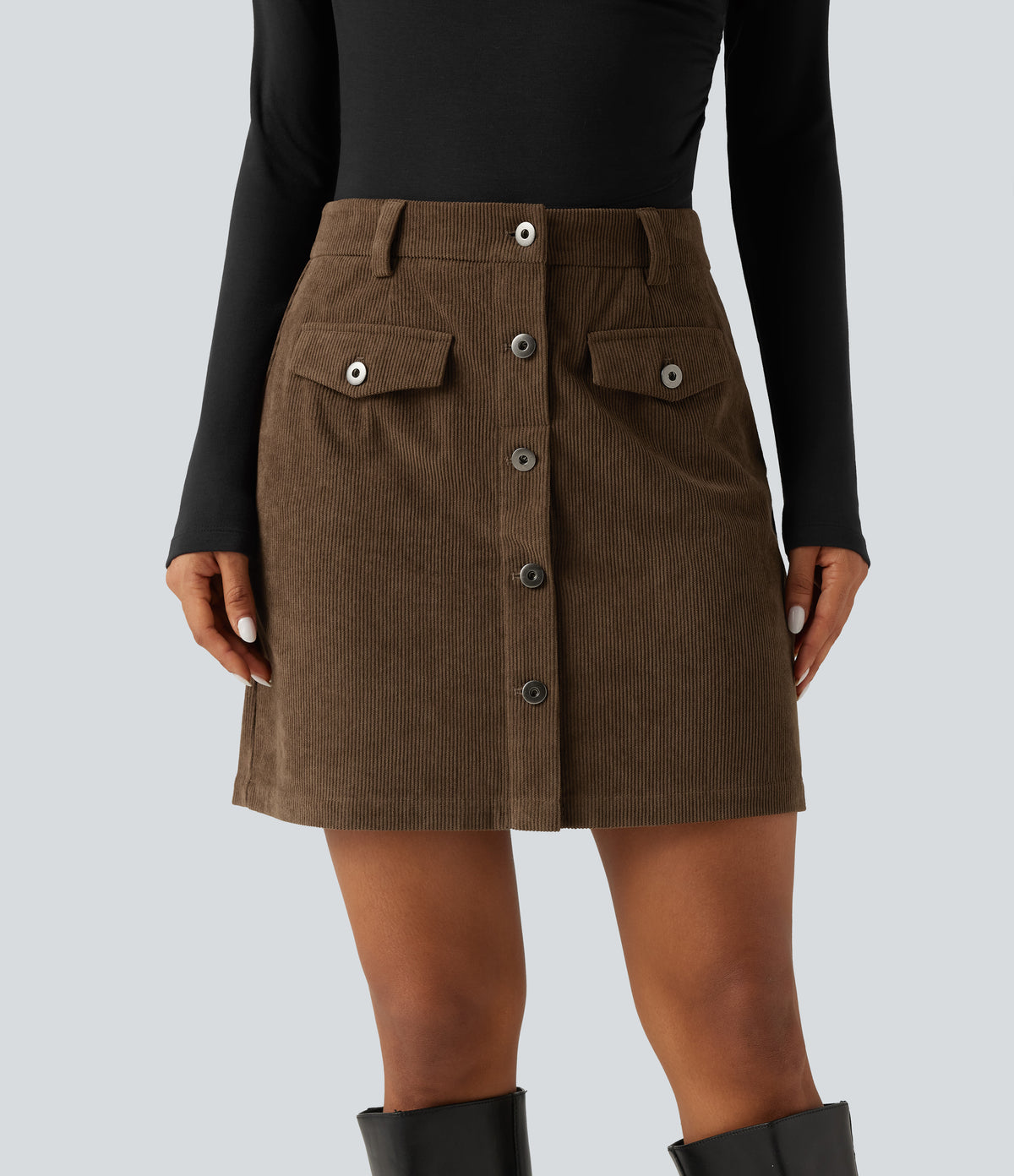 High Waisted 2-in-1 A-Line Corduroy Mini Casual Skirt — Dark Earth — view 5