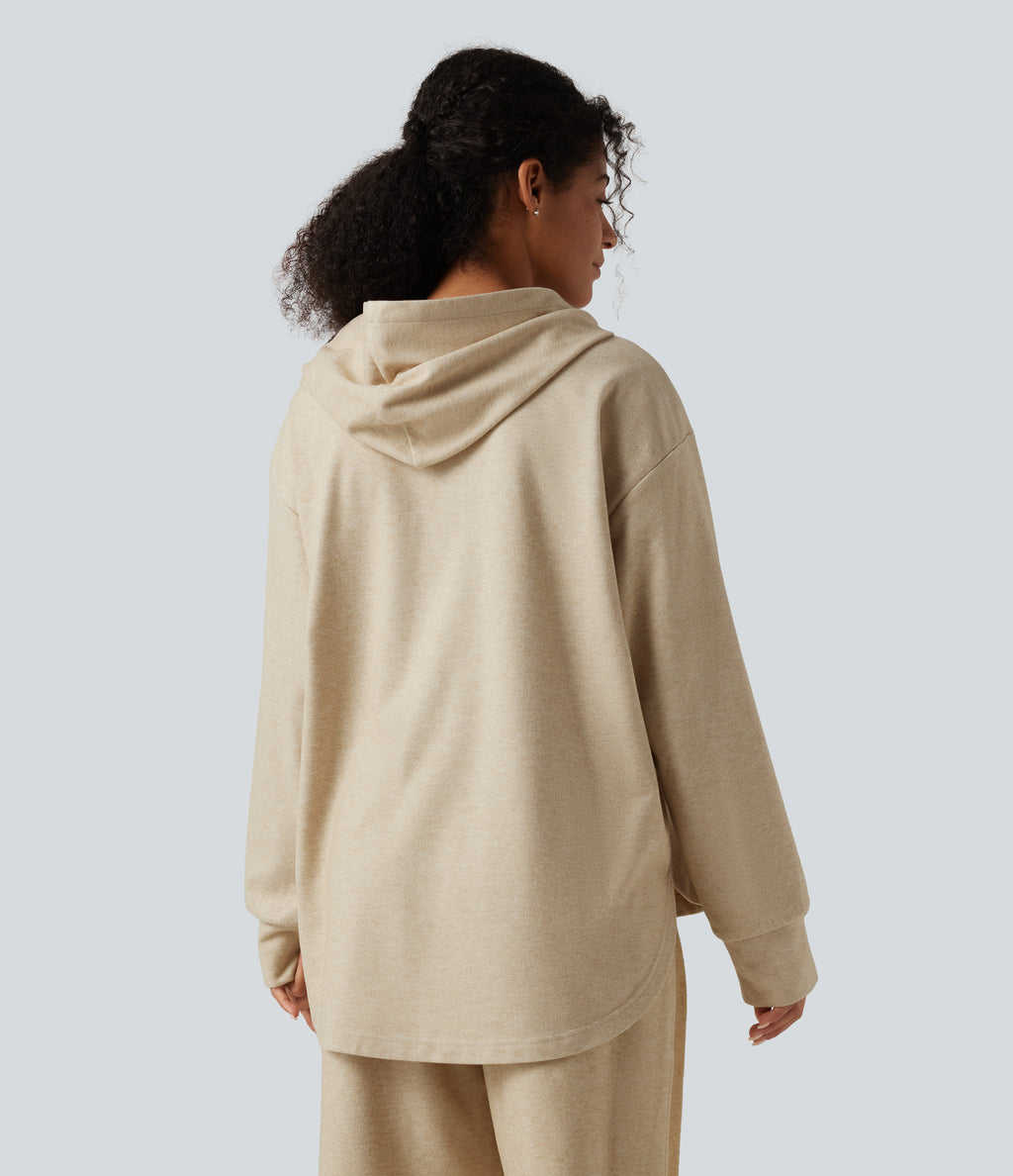 Long Sleeve Kangaroo Pocket Curved Hem Casual Pullover Hoodie with Pocket — Oatmeal — view 2