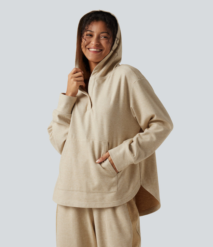 Long Sleeve Kangaroo Pocket Curved Hem Casual Pullover Hoodie with Pocket — Oatmeal — view 1