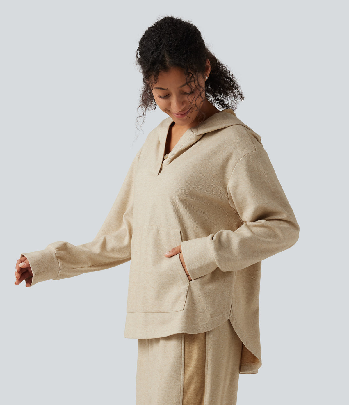 Long Sleeve Kangaroo Pocket Curved Hem Casual Pullover Hoodie with Pocket — Oatmeal — view 3
