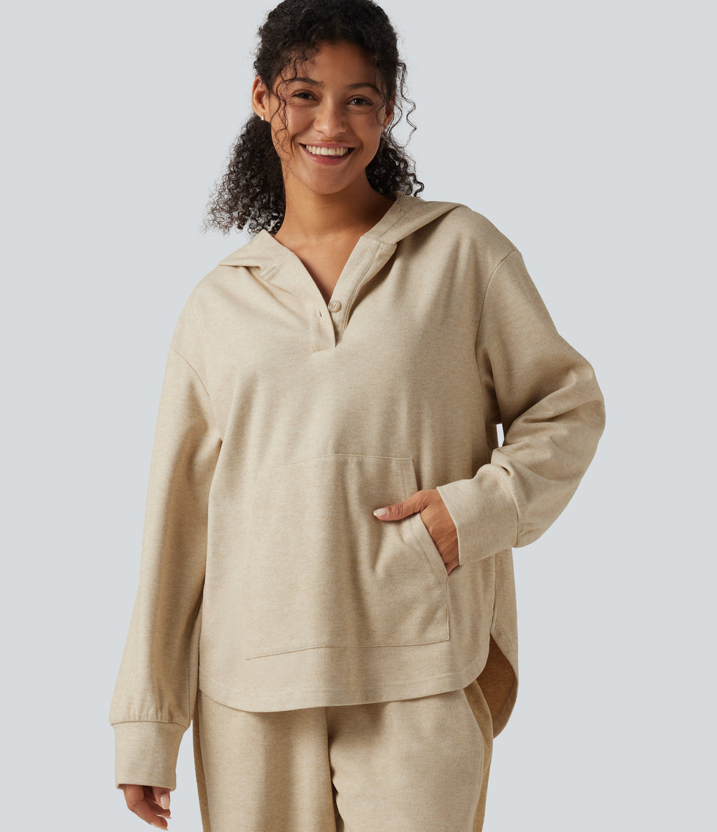 Long Sleeve Kangaroo Pocket Curved Hem Casual Pullover Hoodie with Pocket — Oatmeal — view 5