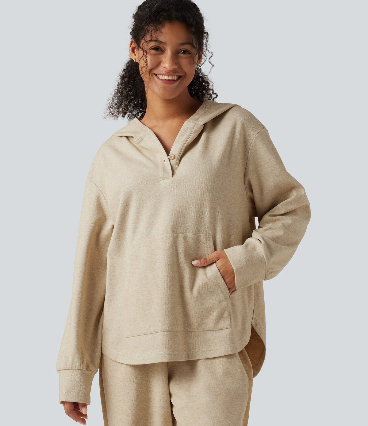 Long Sleeve Kangaroo Pocket Curved Hem Casual Pullover Hoodie with Pocket — Oatmeal — view 5