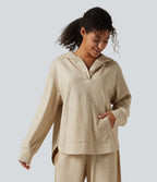 Long Sleeve Kangaroo Pocket Curved Hem Casual Pullover Hoodie with Pocket — Oatmeal — view 4