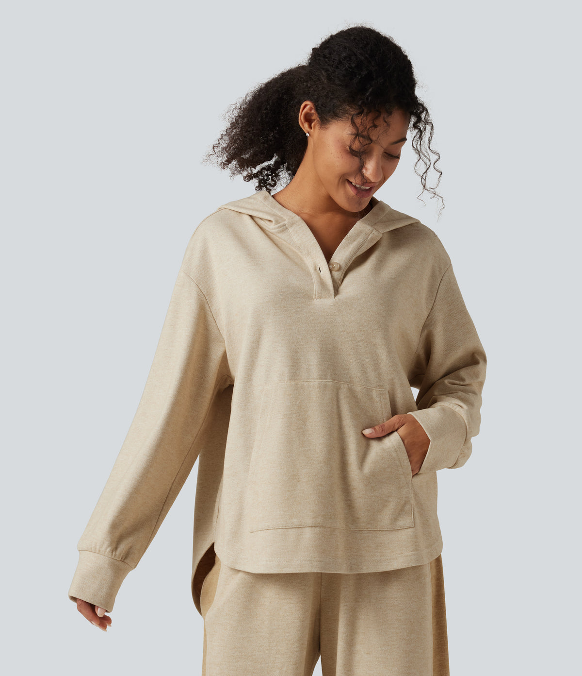 Long Sleeve Kangaroo Pocket Curved Hem Casual Pullover Hoodie with Pocket — Oatmeal — view 4