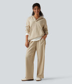Long Sleeve Kangaroo Pocket Curved Hem Casual Pullover Hoodie with Pocket — Oatmeal — view 7