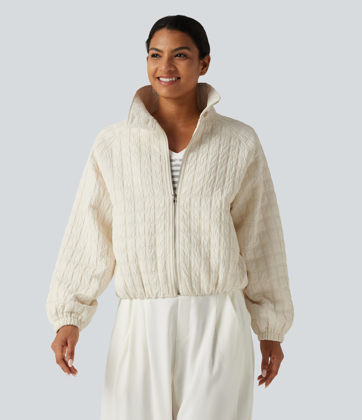 Stand Collar Long Sleeve Quilted Casual Jacket with Pockets — Pillowtalk - Light Beige — view 4
