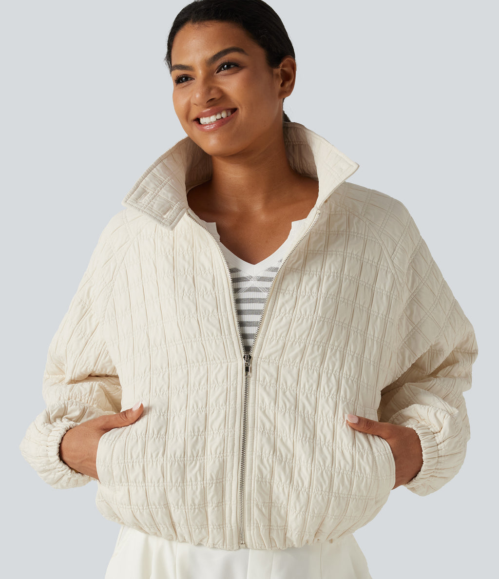 Stand Collar Long Sleeve Quilted Casual Jacket with Pockets — Pillowtalk - Light Beige — view 5