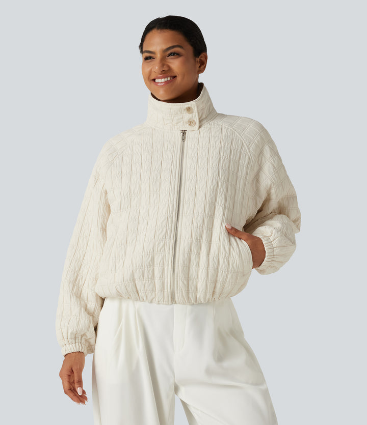 Stand Collar Long Sleeve Quilted Casual Jacket with Pockets — Pillowtalk - Light Beige — view 1