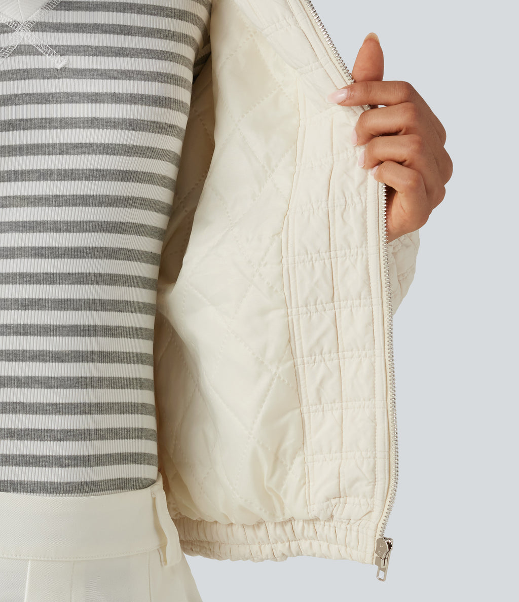 Stand Collar Long Sleeve Quilted Casual Jacket with Pockets — Pillowtalk - Light Beige — view 6