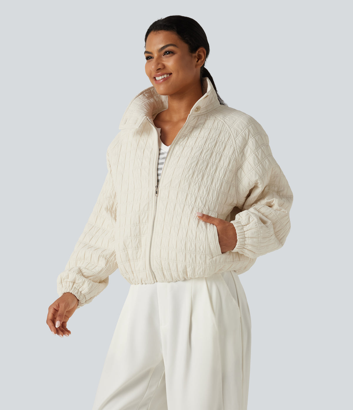 Stand Collar Long Sleeve Quilted Casual Jacket with Pockets — Pillowtalk - Light Beige — view 3