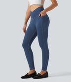 Denim Heat High Waisted Asymmetric Casual Leggings with Pockets — Tide Blue Denim — view 3